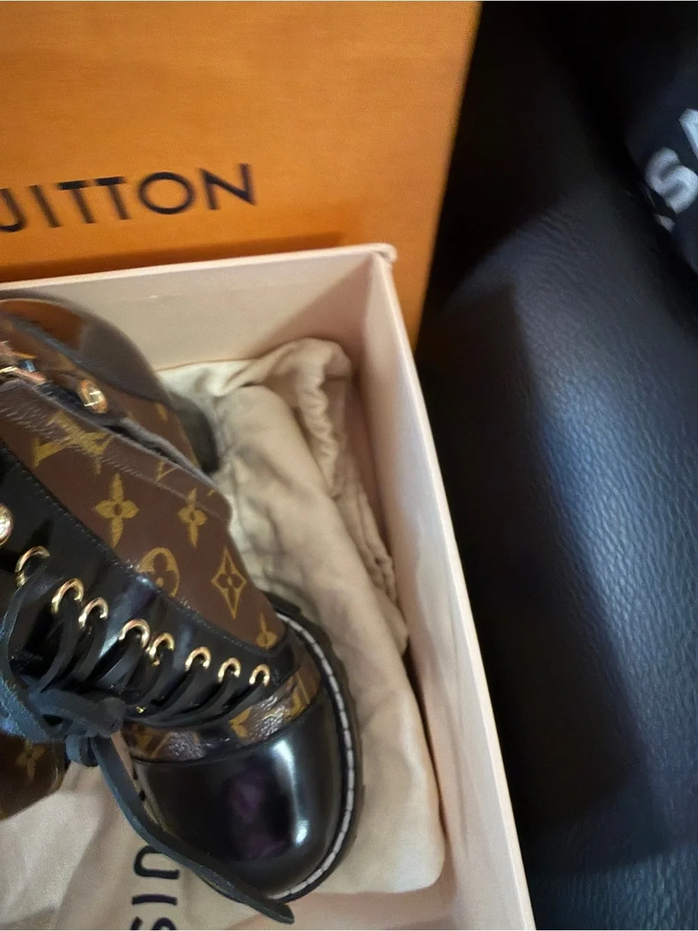 Louis Vuitton Brown Monogram Patent Trim Lace-Up Chunky Heel Boots